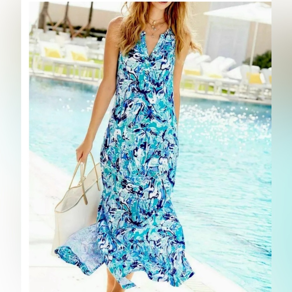 Lilly Pulitzer Essie Maxi Dress Turquoise Elephant Appeal Size Medium